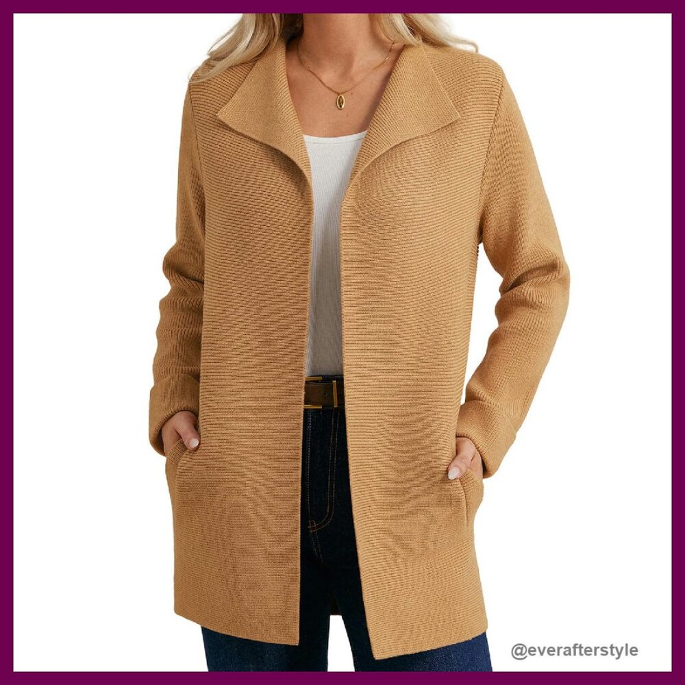 Long Cardigan Sweater Jacket Chunky Ribbed Knit Lapel Coatigan With Pockets